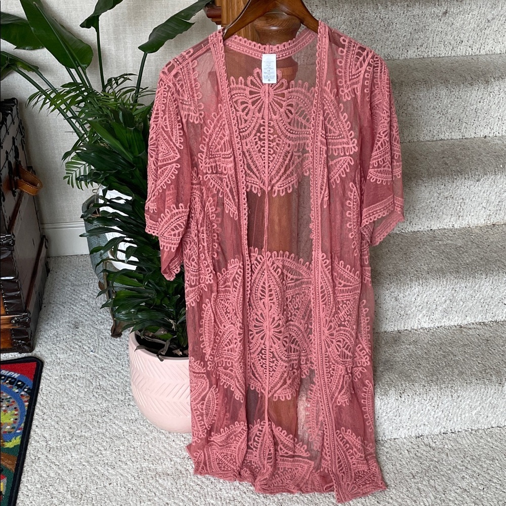 Rose Gold Pink Bohemian Lace Kimono Cardigan